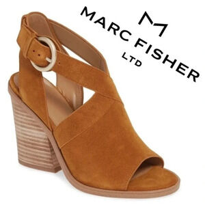 NEW, Marc Fisher, Vega, Suede Peep Toe Sandal, Stacked Block Heel, Tan, Brown